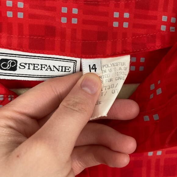 Vintage Womens L Red Geo Check Print Button Up Blouse Twee Office Retro Mod - Picture 6 of 9